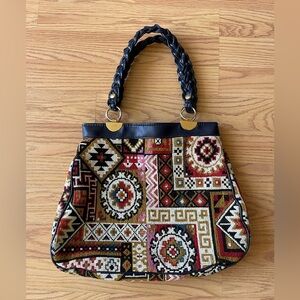 Vintage Tapestry Purse with Navy Leather Braided Straps